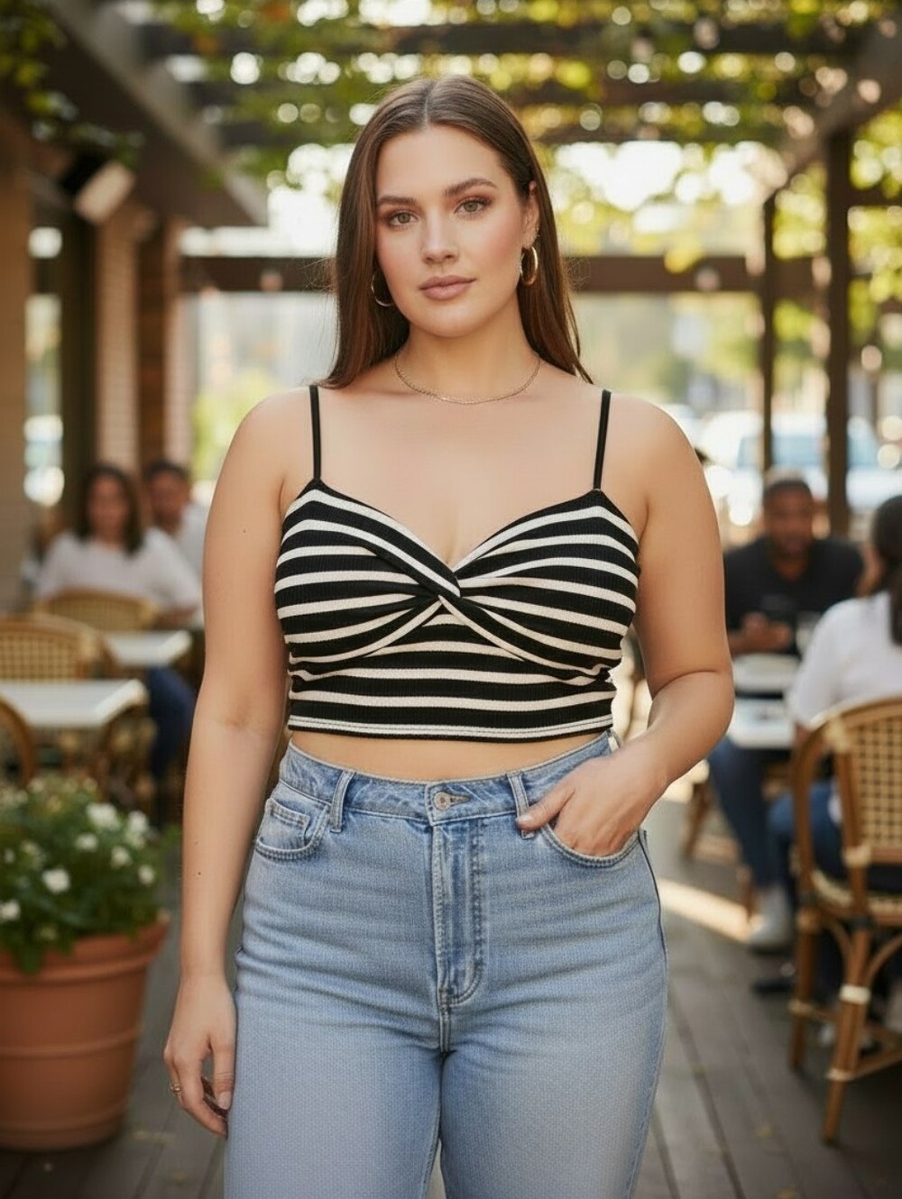 Eloquii Black and Cream Striped Twist-Front Cami Top Size 22/24W